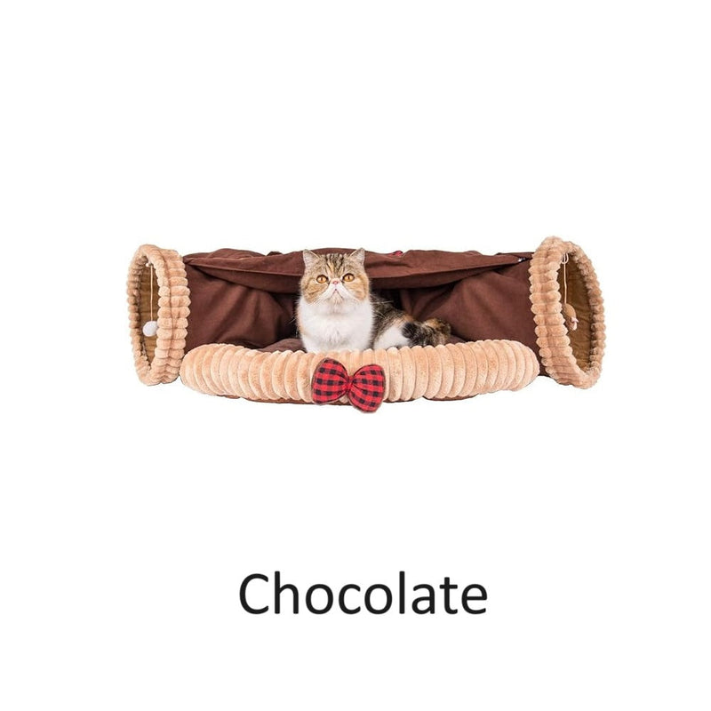 Cat Bed with Tunnel Large Foldable Soft Cushion Bedding Chocolate Washable 2-in-1 Cat Bed