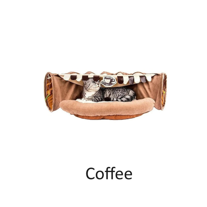 Cat Bed with Tunnel Large Foldable Soft Cushion Bedding Coffee Washable 2-in-1 Cat Bed