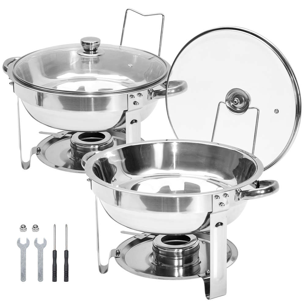 2 Pack Round Chafing Dish Buffet Set Bain-Marie Set 201 Stainless Steel 4.5L Food Pan with Glass Lid and Fuel Holder for Restaurant Party Catering Wedding