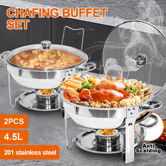 2 Pack Round Chafing Dish Buffet Set Bain-Marie Set 201 Stainless Steel 4.5L Food Pan with Glass Lid and Fuel Holder for Restaurant Party Catering Wedding