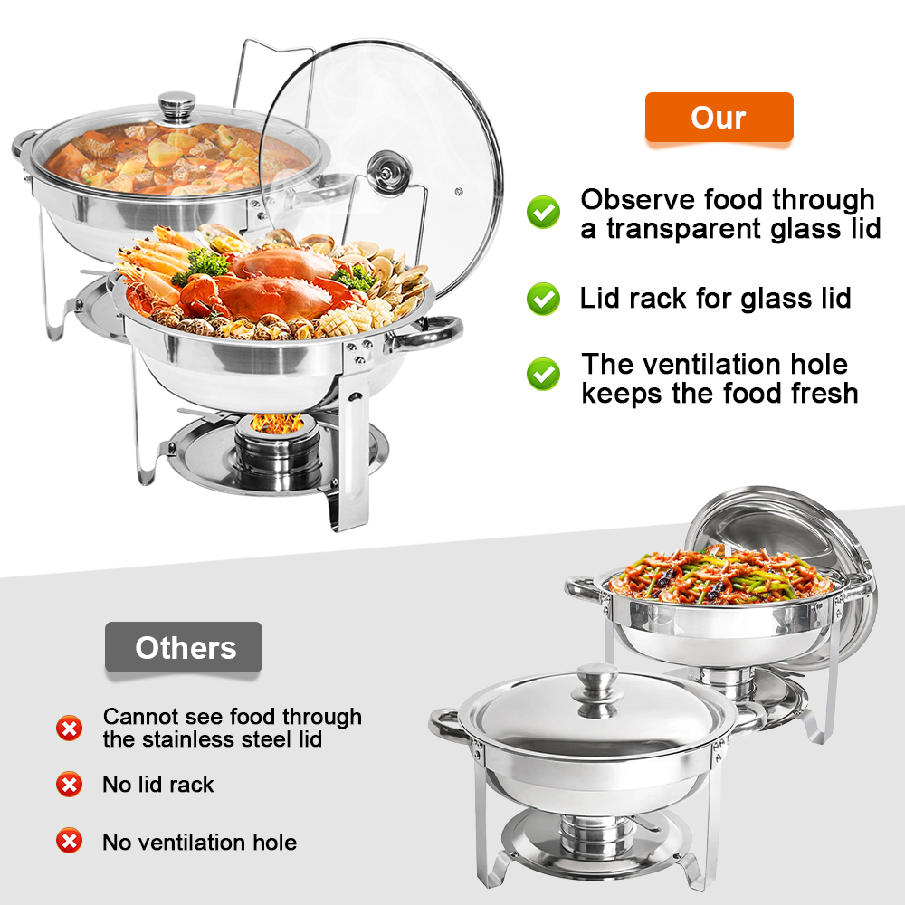 2 Pack Round Chafing Dish Buffet Set Bain-Marie Set 201 Stainless Steel 4.5L Food Pan with Glass Lid and Fuel Holder for Restaurant Party Catering Wedding