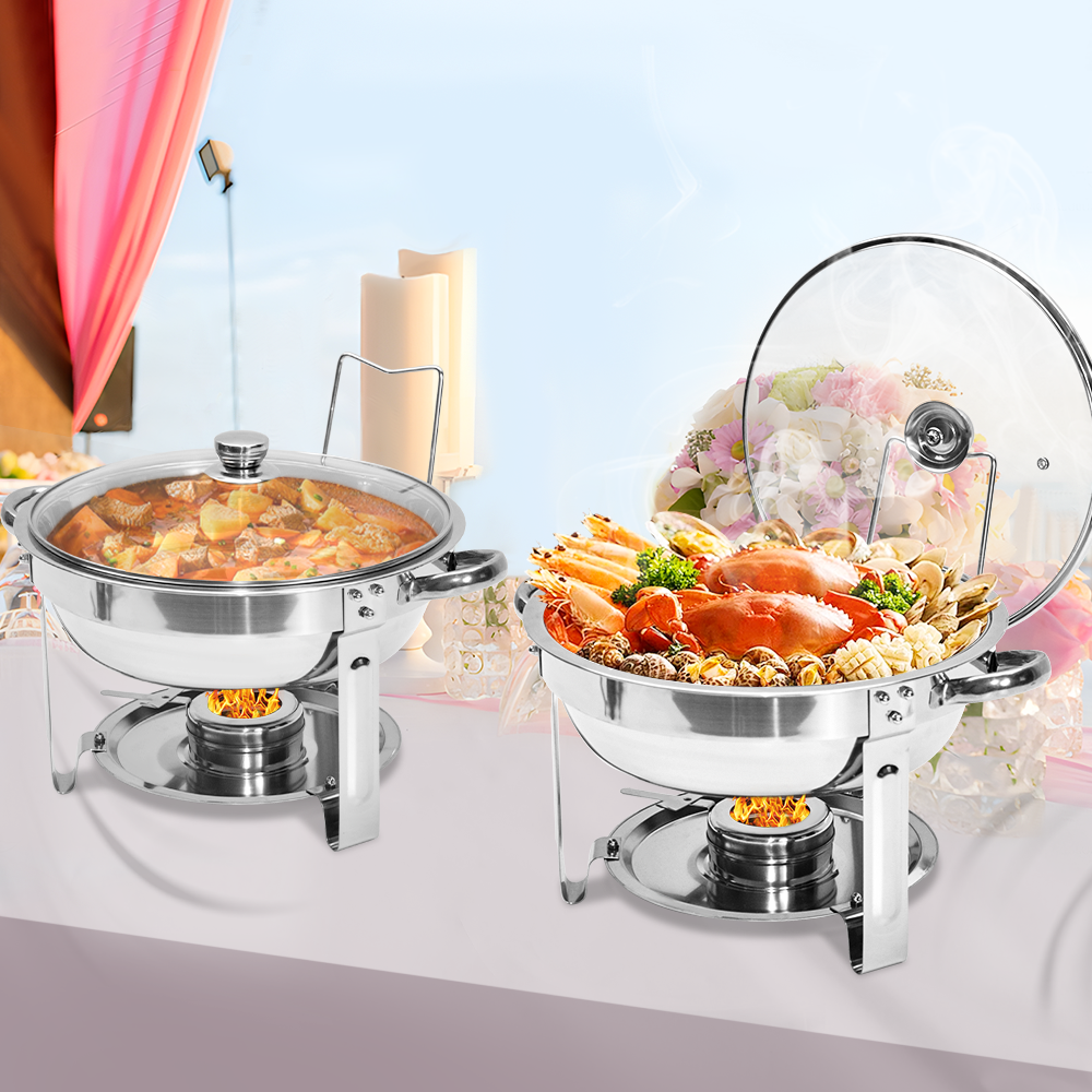 2 Pack Round Chafing Dish Buffet Set Bain-Marie Set 201 Stainless Steel 4.5L Food Pan with Glass Lid and Fuel Holder for Restaurant Party Catering Wedding