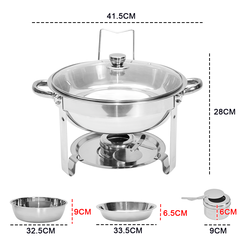 2 Pack Round Chafing Dish Buffet Set Bain-Marie Set 201 Stainless Steel 4.5L Food Pan with Glass Lid and Fuel Holder for Restaurant Party Catering Wedding