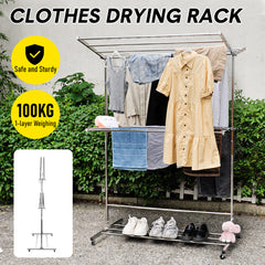 3 Tier Clothes Drying Rack Freestanding Clothes Airer Stainless Steel Rolling Laundry Rack with Wheels for Clothes Garment Towels Bed Linen