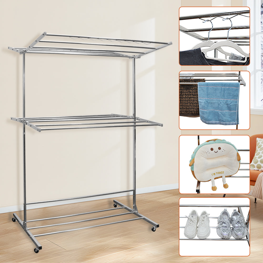 3 Tier Clothes Drying Rack Freestanding Clothes Airer Stainless Steel Rolling Laundry Rack with Wheels for Clothes Garment Towels Bed Linen