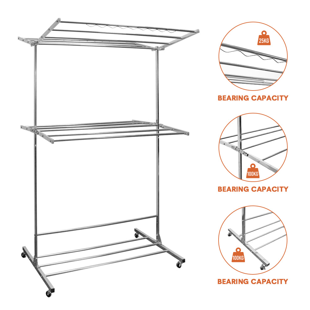 3 Tier Clothes Drying Rack Freestanding Clothes Airer Stainless Steel Rolling Laundry Rack with Wheels for Clothes Garment Towels Bed Linen