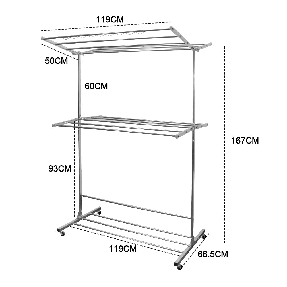 3 Tier Clothes Drying Rack Freestanding Clothes Airer Stainless Steel Rolling Laundry Rack with Wheels for Clothes Garment Towels Bed Linen