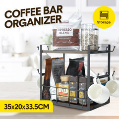 2-layer Coffee Bar Storage Rack Suitable for Home Office Multi-functional Coffee Cup Holder with 12 Hooks Accessory Storage Rack Space-saving Coffee Corner Enhancer