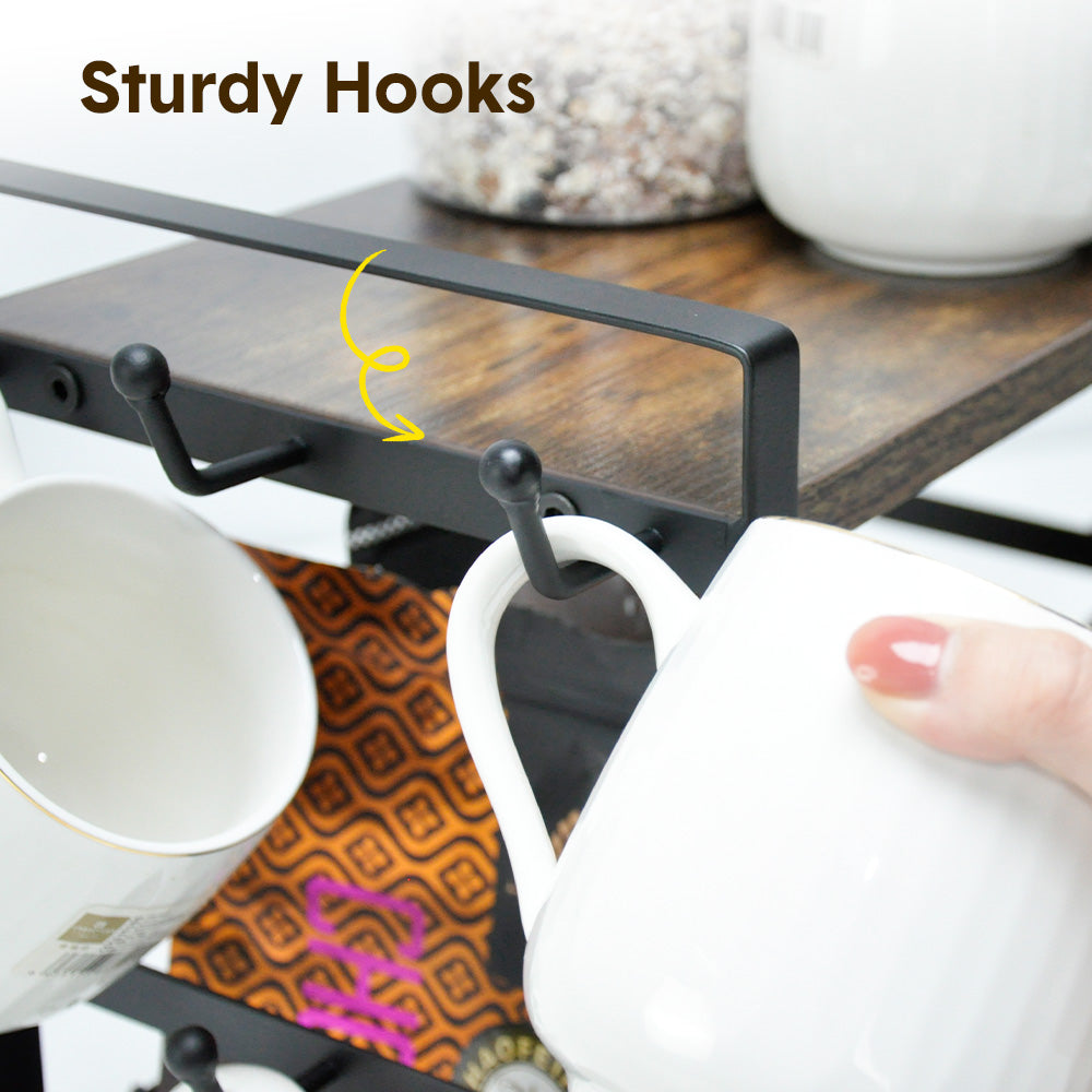 2-layer Coffee Bar Storage Rack Suitable for Home Office Multi-functional Coffee Cup Holder with 12 Hooks Accessory Storage Rack Space-saving Coffee Corner Enhancer