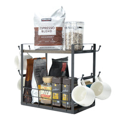 2-layer Coffee Bar Storage Rack Suitable for Home Office Multi-functional Coffee Cup Holder with 12 Hooks Accessory Storage Rack Space-saving Coffee Corner Enhancer