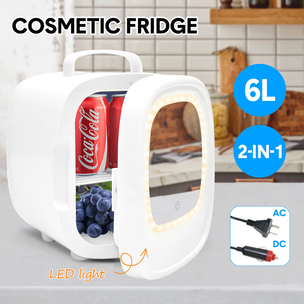 6L Cosmetic Fridge 220V/12V Portable Refrigerator Mini Cooler Cooling and Heating Function with Makeup LED Mirror for Room Car Office Fresh Keeping