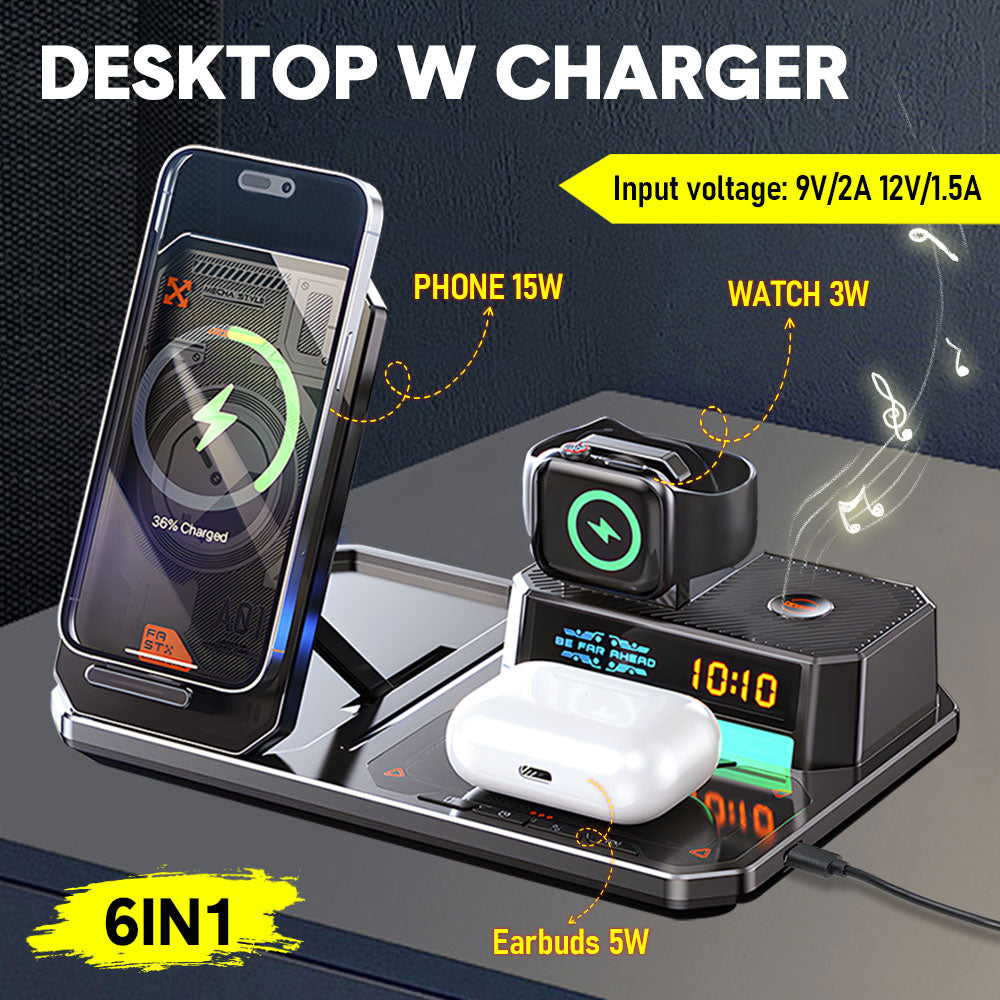 6IN1 Wireless Charger Station With Bluetooth Speaker and Digital Clock Light Fast Charging Station for Apple Devices Watch iPhone AirPods Samsung Vivo