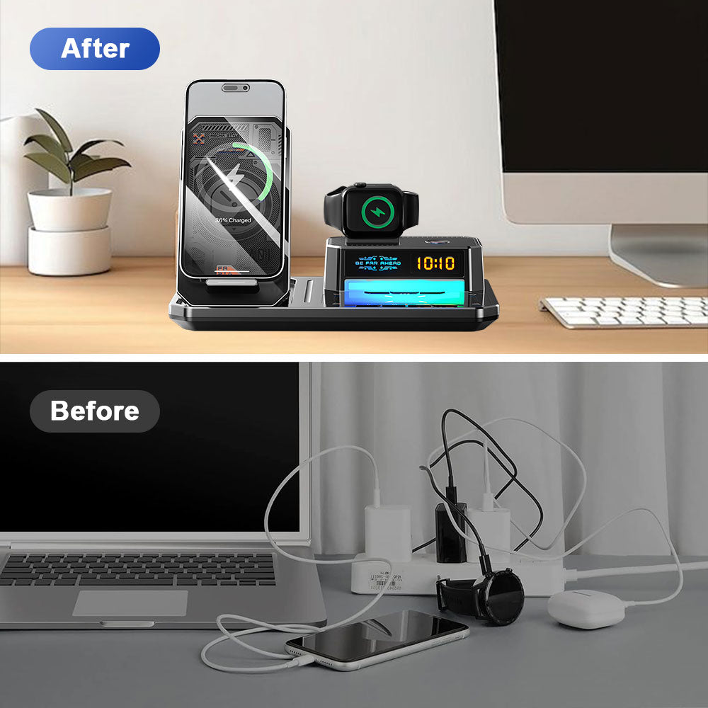 6IN1 Wireless Charger Station With Bluetooth Speaker and Digital Clock Light Fast Charging Station for Apple Devices Watch iPhone AirPods Samsung Vivo