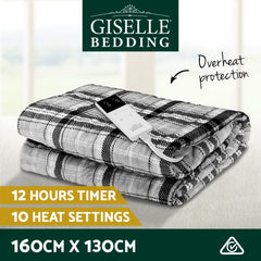 Giselle Bedding Electric Throw Rug Flannel Snuggle Blanket Washable Heated Grey and White Checkered