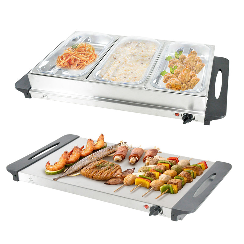 Food Warmer Buffet Electric Server Variable Temperature Control Stainless Steel 2.5L x3 Tray Bain Marie With Lid For Catering Party Banquet Dining