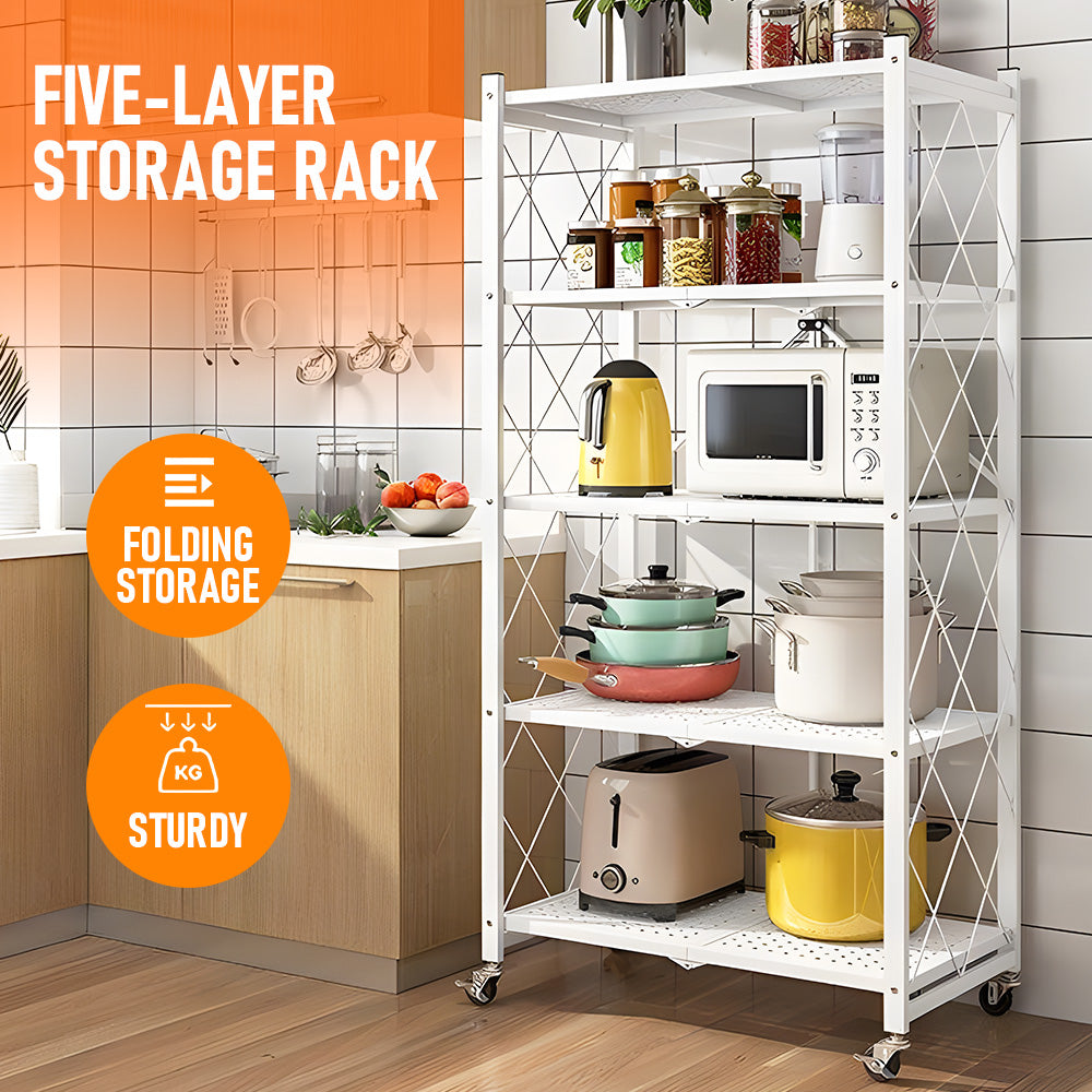 5 Tier Storage Shelf Rack Foldable Kitchen Organizer Heavy-Duty Steel Durable Display Cart with Swivel Lockable Casters for Kitchen Garage Bookshelf White