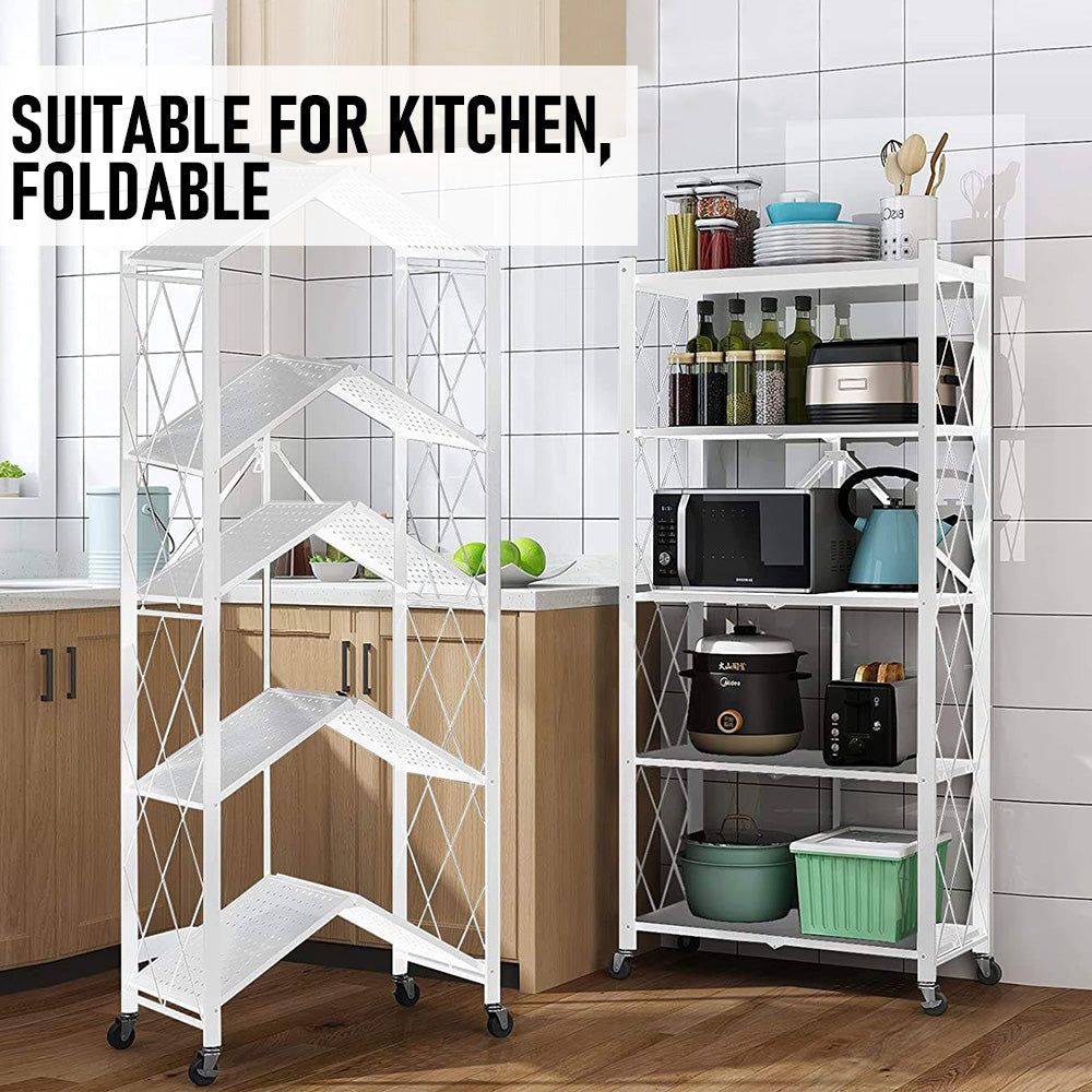 5 Tier Storage Shelf Rack Foldable Kitchen Organizer Heavy-Duty Steel Durable Display Cart with Swivel Lockable Casters for Kitchen Garage Bookshelf White