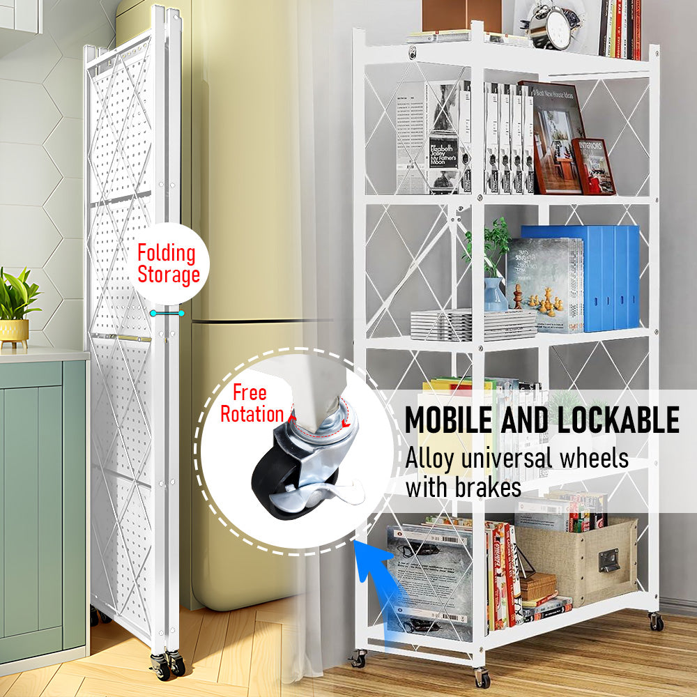 5 Tier Storage Shelf Rack Foldable Kitchen Organizer Heavy-Duty Steel Durable Display Cart with Swivel Lockable Casters for Kitchen Garage Bookshelf White