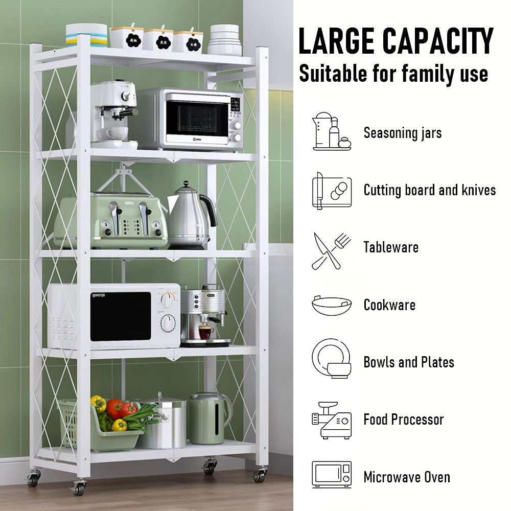 5 Tier Storage Shelf Rack Foldable Kitchen Organizer Heavy-Duty Steel Durable Display Cart with Swivel Lockable Casters for Kitchen Garage Bookshelf White