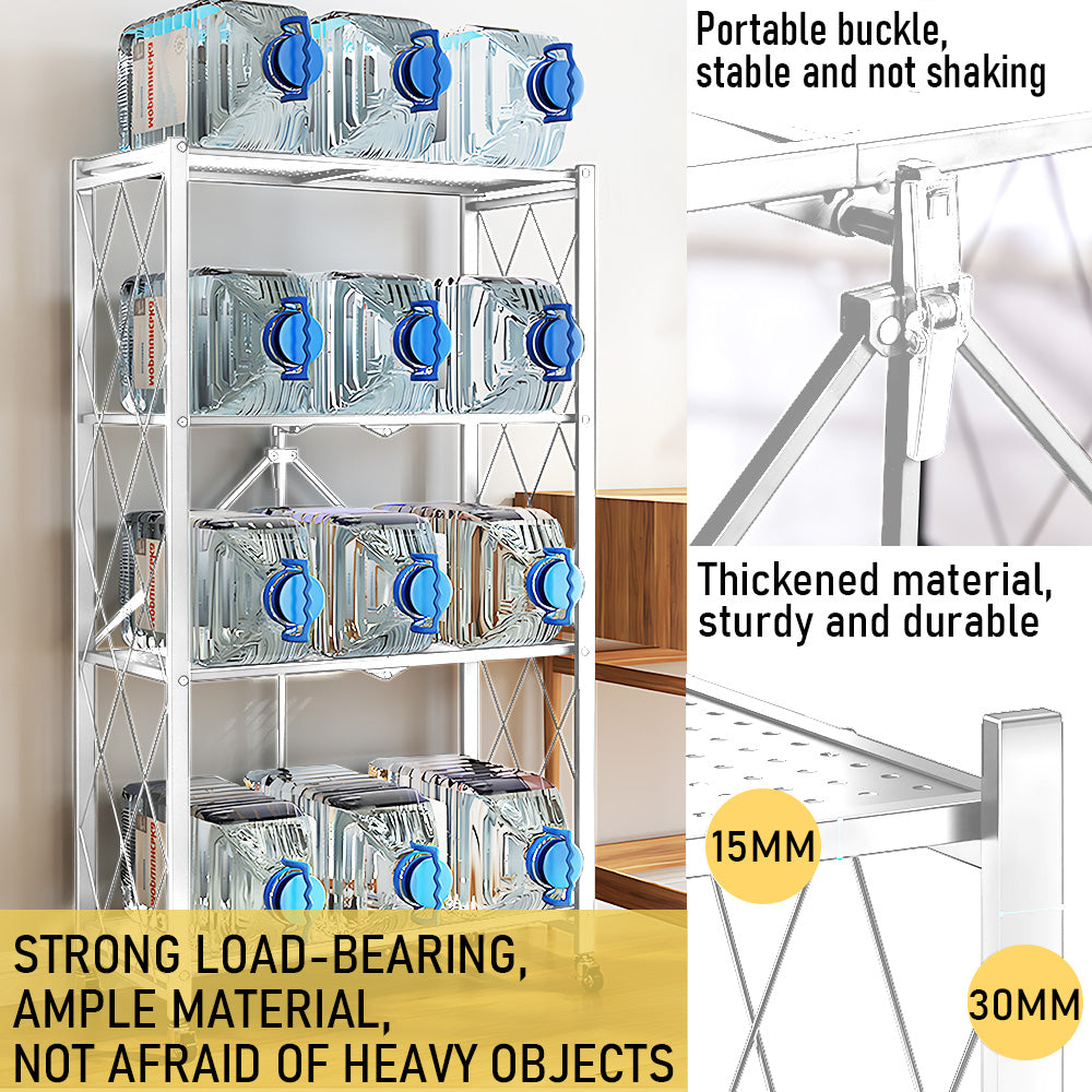 5 Tier Storage Shelf Rack Foldable Kitchen Organizer Heavy-Duty Steel Durable Display Cart with Swivel Lockable Casters for Kitchen Garage Bookshelf White