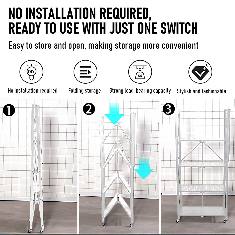 5 Tier Storage Shelf Rack Foldable Kitchen Organizer Heavy-Duty Steel Durable Display Cart with Swivel Lockable Casters for Kitchen Garage Bookshelf White