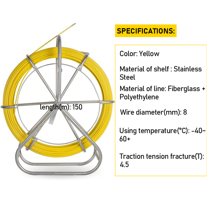 8mm 150M Fish Tape Puller Fiberglass Rodder with Steel Reel Cage Guiding Cable Duct Rodder Snake Copper Wire Telstra NBN Tool Non-Conduct