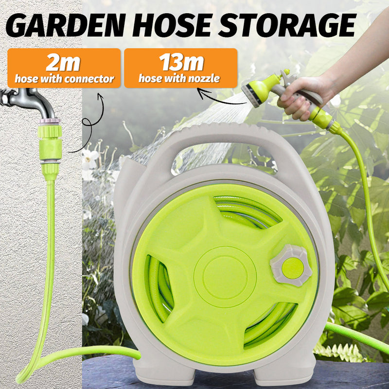 Mini Portable Garden Pipe Hose Cart 15m Reel Storage Set Garden Hose Storage Rack 29x15x32cm With High Pressure Water Gun for Cleaning Car Washing