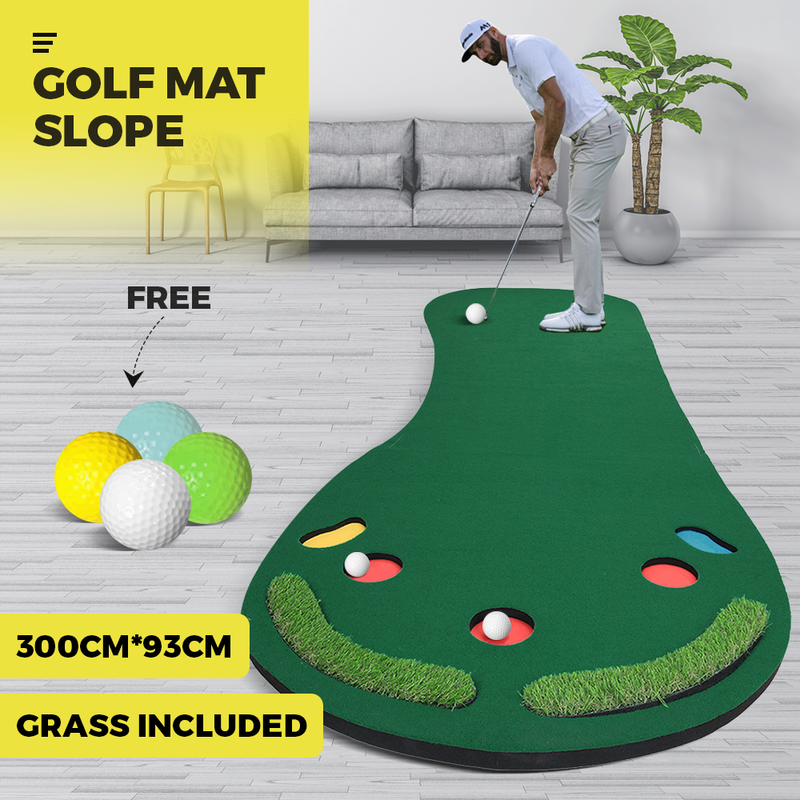 3M Golf Putting Mat Training Practice Slope Golf Pong Game Indoor Outdoor Garden Home Golf Portable Slope Non-Skid Hitting Mats with 4 Balls Easy Set Up