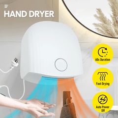 1200W 220V Electric Powerful Wall Mounted Automatic Hand Dryer IPX4 Waterproof Noise-Reducing Vent Quick Drying White Fit for Household Commercial Hotel