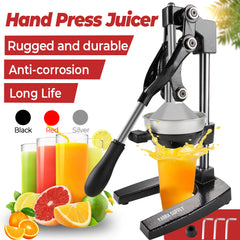 Manual Hand Press Juicer Black Commercial 304 Stainless Steel Fruit Extractor Squeezer Orange Citrus Juicer Presser with Non Slip Base and Elongated Handle