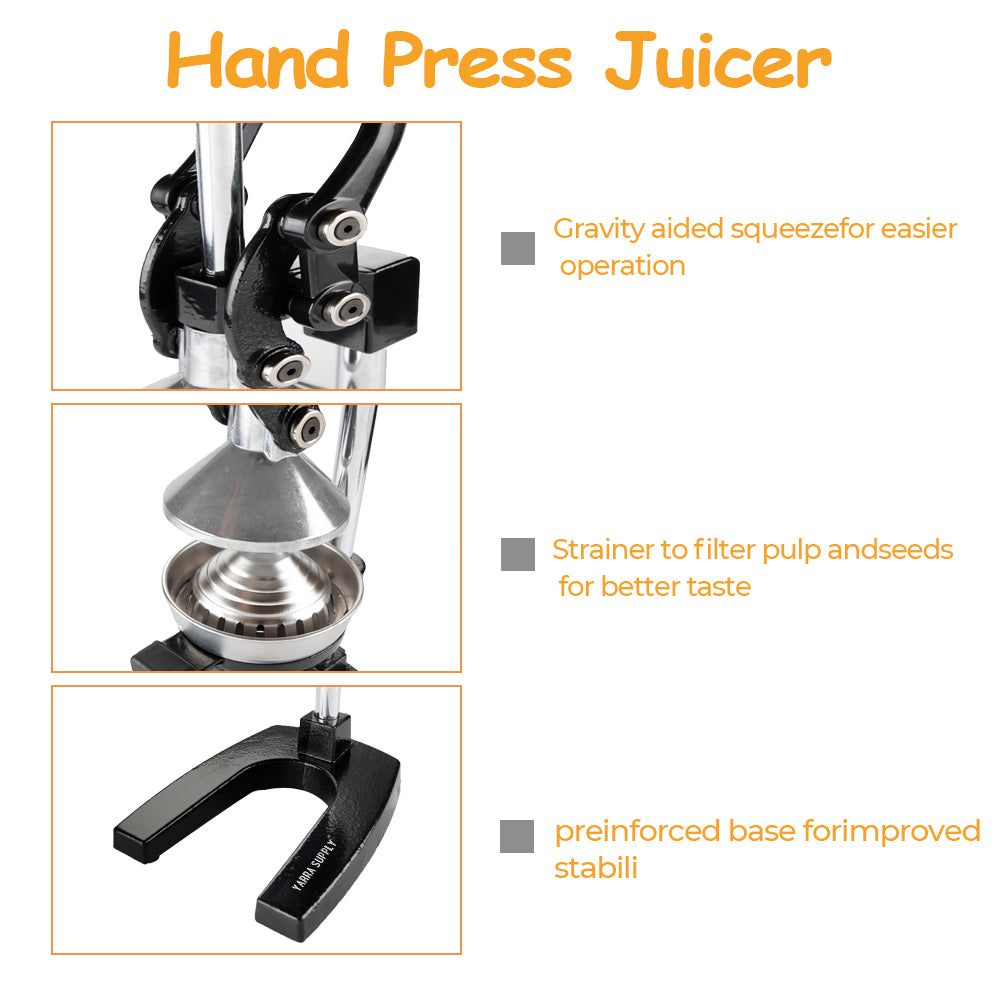 Manual Hand Press Juicer Black Commercial 304 Stainless Steel Fruit Extractor Squeezer Orange Citrus Juicer Presser with Non Slip Base and Elongated Handle