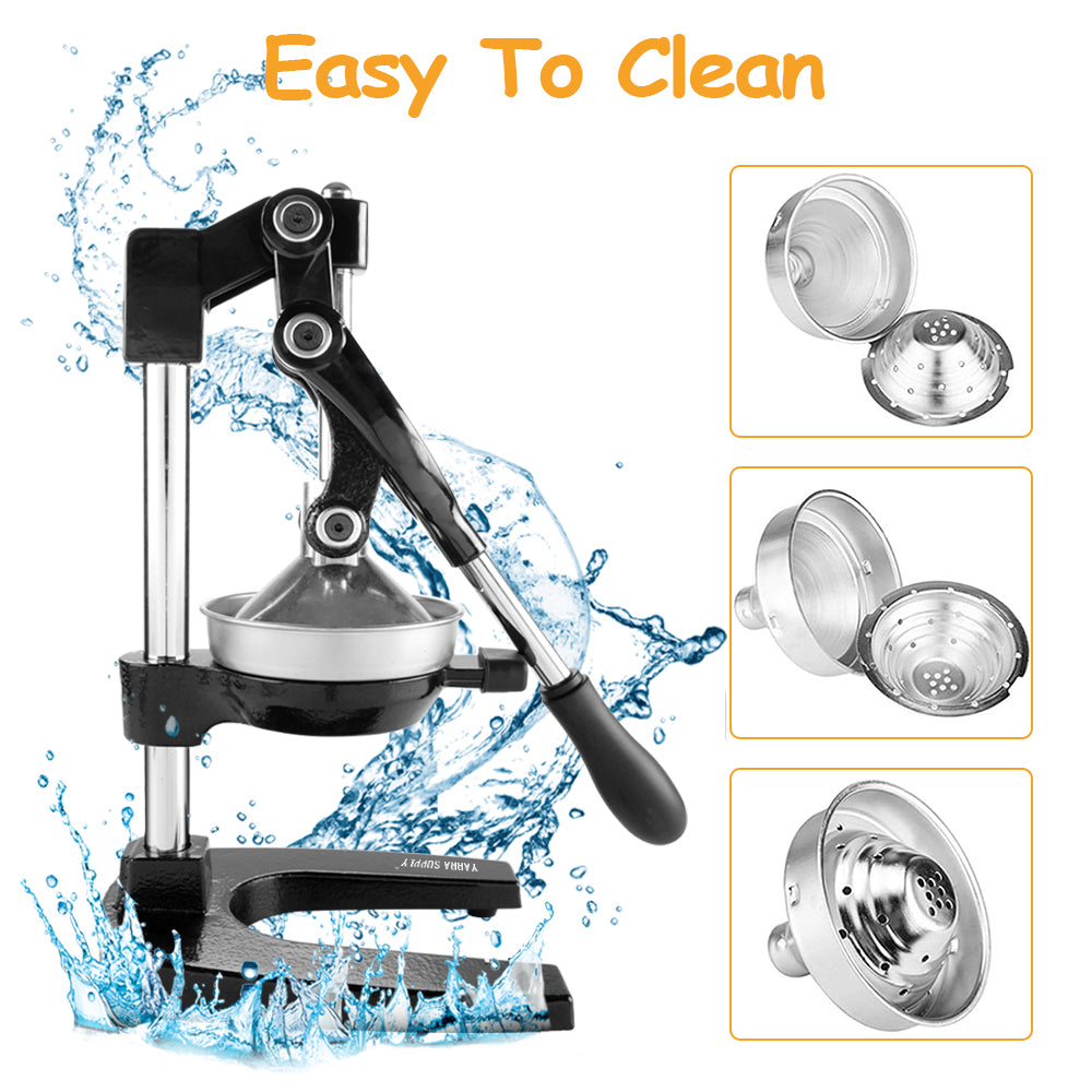 Manual Hand Press Juicer Black Commercial 304 Stainless Steel Fruit Extractor Squeezer Orange Citrus Juicer Presser with Non Slip Base and Elongated Handle