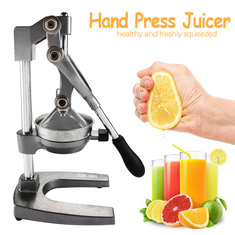 Manual Hand Press Juicer Grey Commercial 304 Stainless Steel Fruit Extractor Squeezer Orange Citrus Juicer Presser with Non Slip Base and Elongated Handle