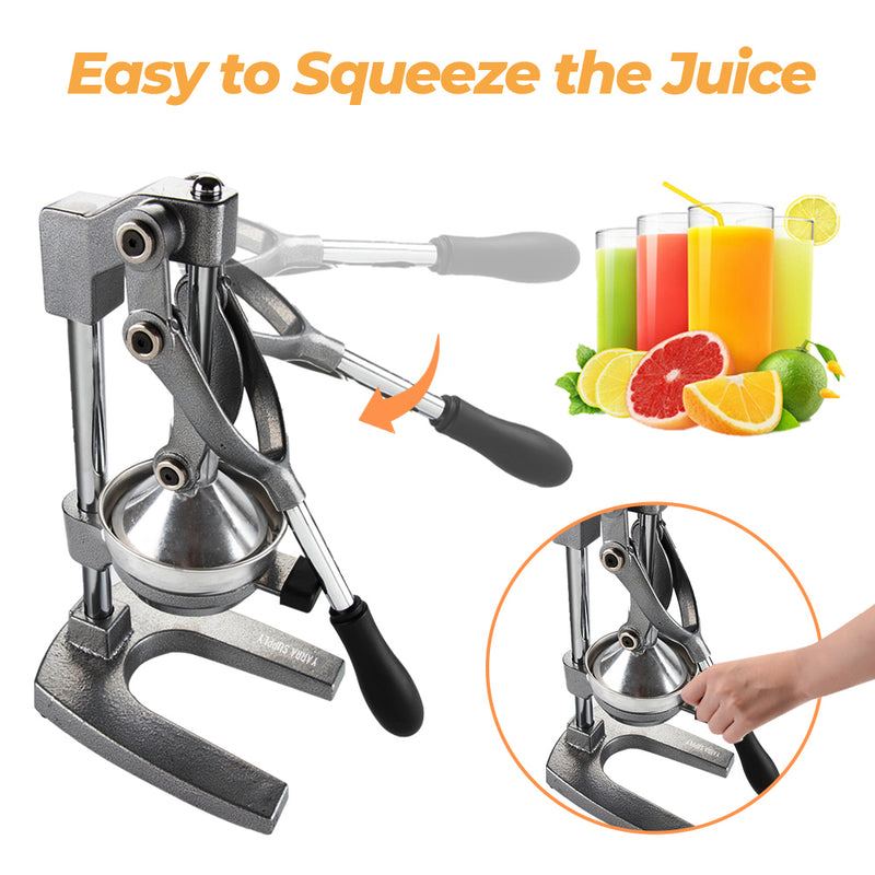 Manual Hand Press Juicer Grey Commercial 304 Stainless Steel Fruit Extractor Squeezer Orange Citrus Juicer Presser with Non Slip Base and Elongated Handle