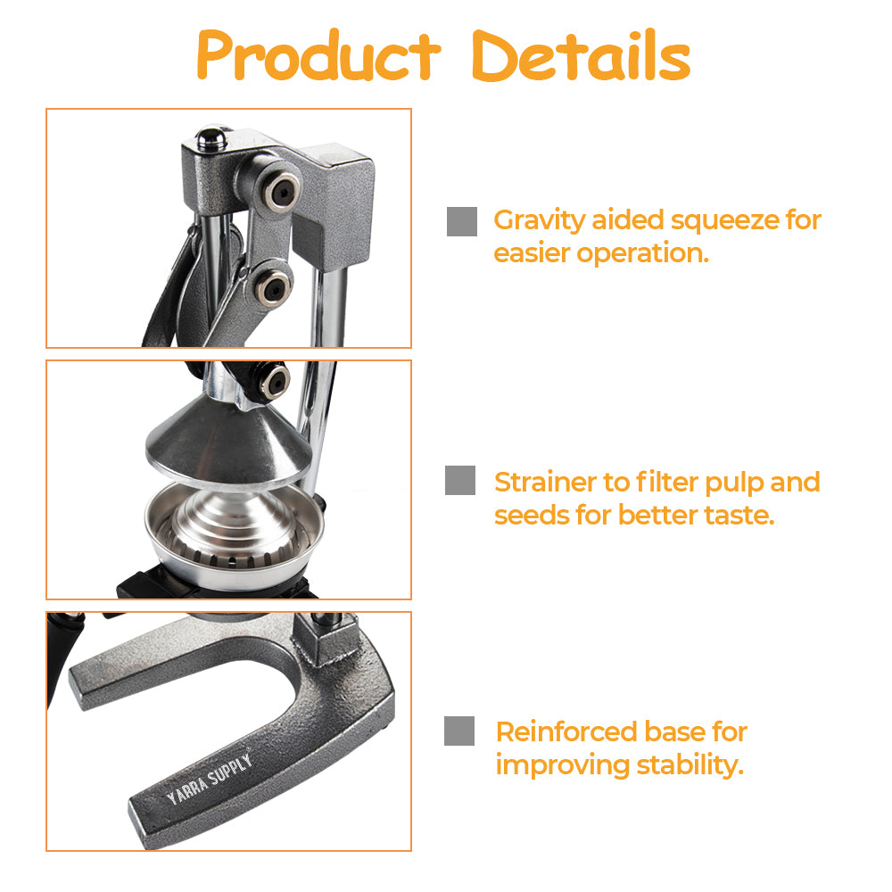 Manual Hand Press Juicer Grey Commercial 304 Stainless Steel Fruit Extractor Squeezer Orange Citrus Juicer Presser with Non Slip Base and Elongated Handle