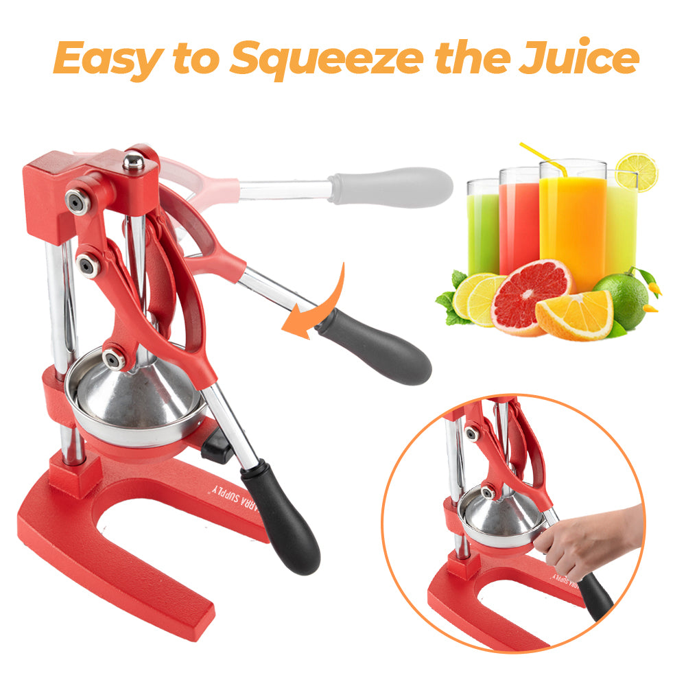 Manual Hand Press Juicer Red Commercial 304 Stainless Steel Fruit Extractor Squeezer Orange Citrus Juicer Presser with Non Slip Base and Elongated Handle