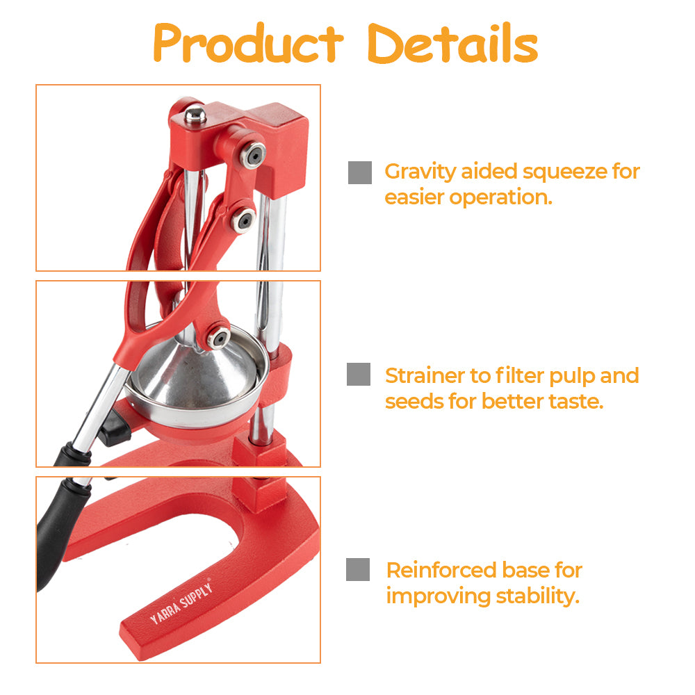 Manual Hand Press Juicer Red Commercial 304 Stainless Steel Fruit Extractor Squeezer Orange Citrus Juicer Presser with Non Slip Base and Elongated Handle