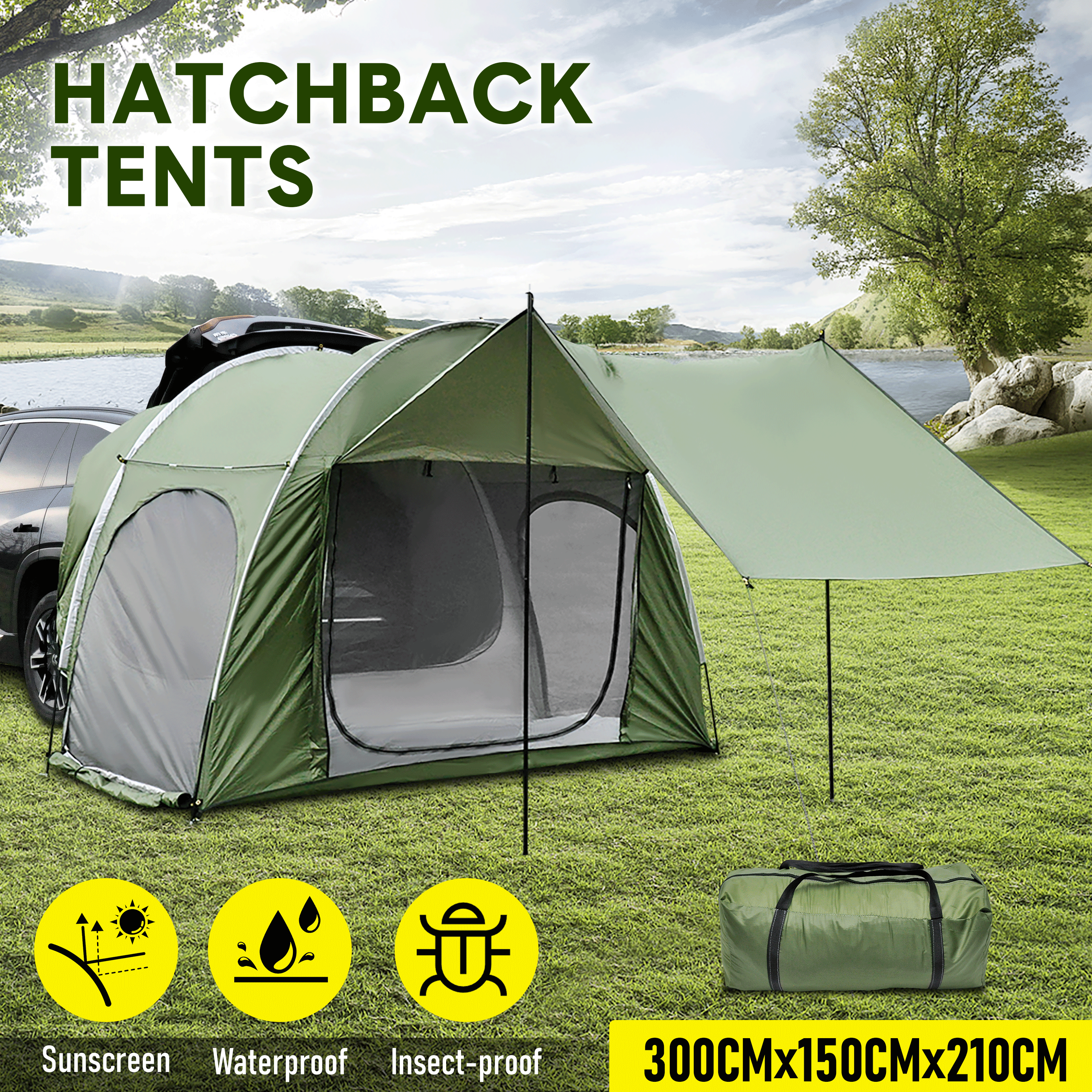 Car Rear Tent Hatchback Tents Waterproof Windproof Tailgate Extension with Awning Shade for 4-6 Persons Camping  Gatherings Universal Fit Most SUV/Van/MPV/CUV