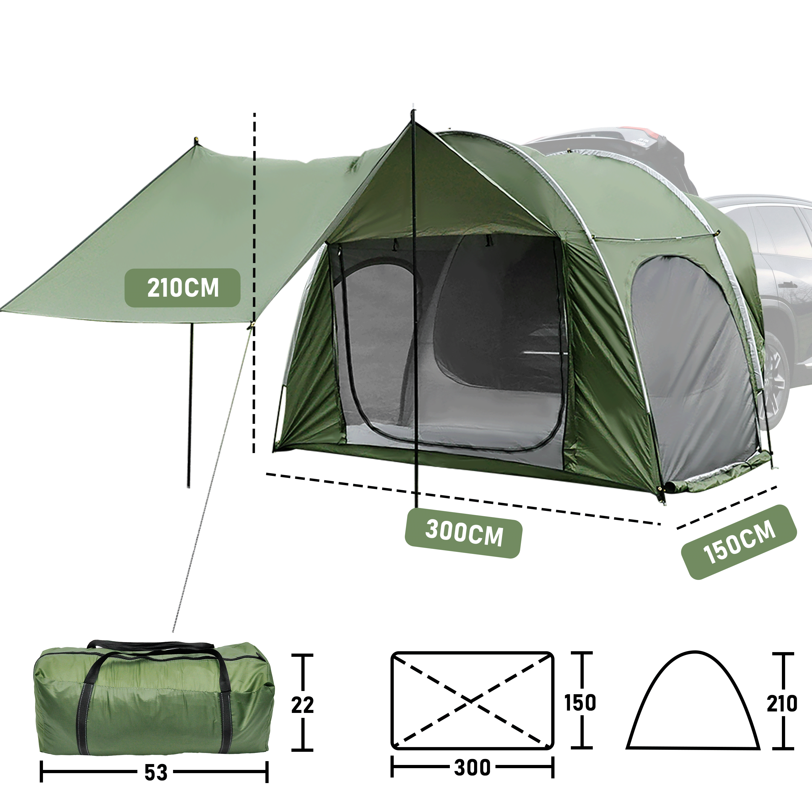 Car Rear Tent Hatchback Tents Waterproof Windproof Tailgate Extension with Awning Shade for 4-6 Persons Camping  Gatherings Universal Fit Most SUV/Van/MPV/CUV