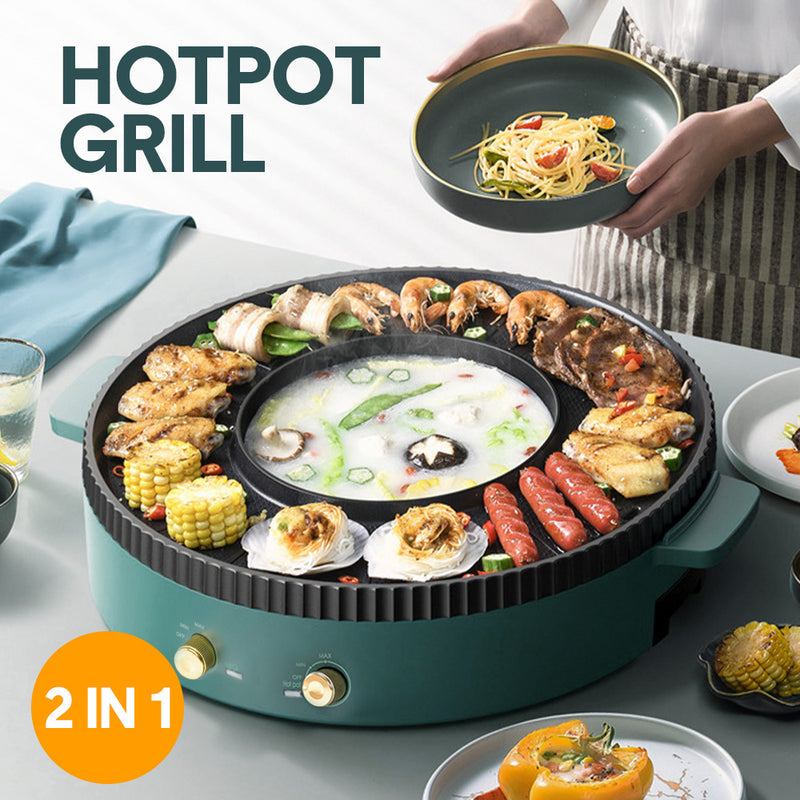 2 in 1 Electric Hot Pot Green with Grill Barbeque Cooker with Temperature Control Multi-function Smokeless Shabu Korean BBQ Pan for Simmer Boil Fry Roast 2200W