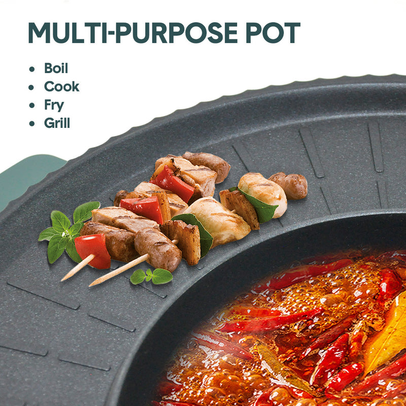 2 in 1 Electric Hot Pot Green with Grill Barbeque Cooker with Temperature Control Multi-function Smokeless Shabu Korean BBQ Pan for Simmer Boil Fry Roast 2200W