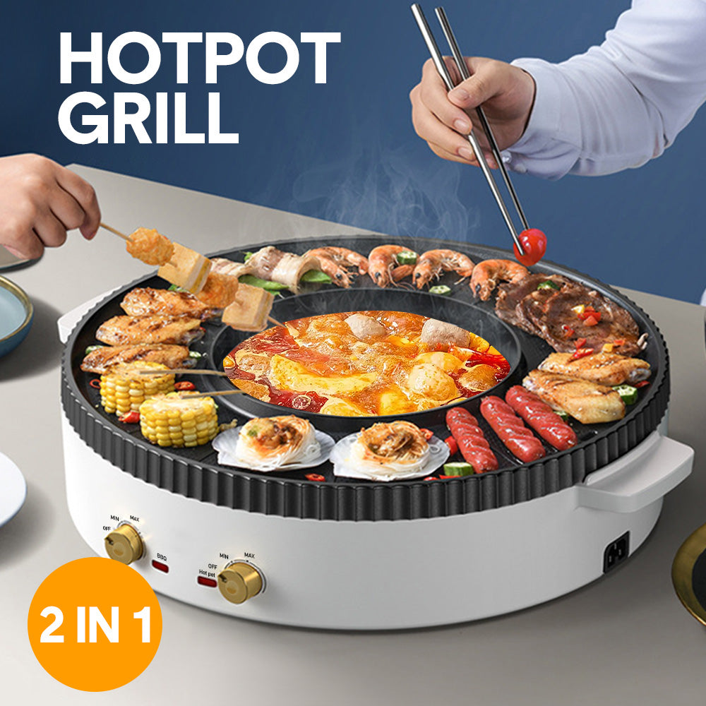 2 in 1 Electric Hot Pot White with Grill Barbeque Cooker with Temperature Control Multi-function Smokeless Shabu Korean BBQ Pan for Simmer Boil Fry Roast 2200W