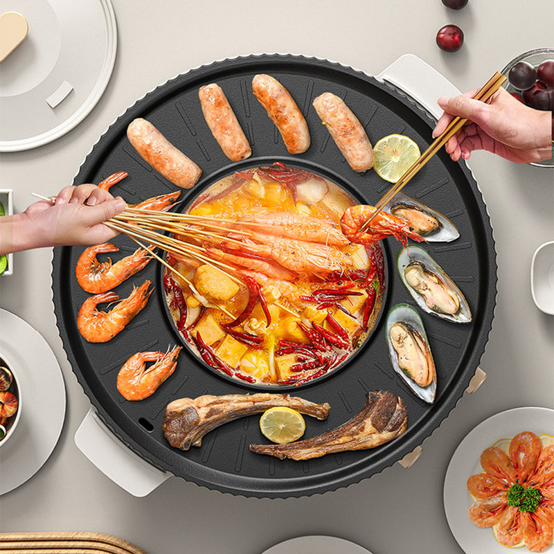 2 in 1 Electric Hot Pot White with Grill Barbeque Cooker with Temperature Control Multi-function Smokeless Shabu Korean BBQ Pan for Simmer Boil Fry Roast 2200W