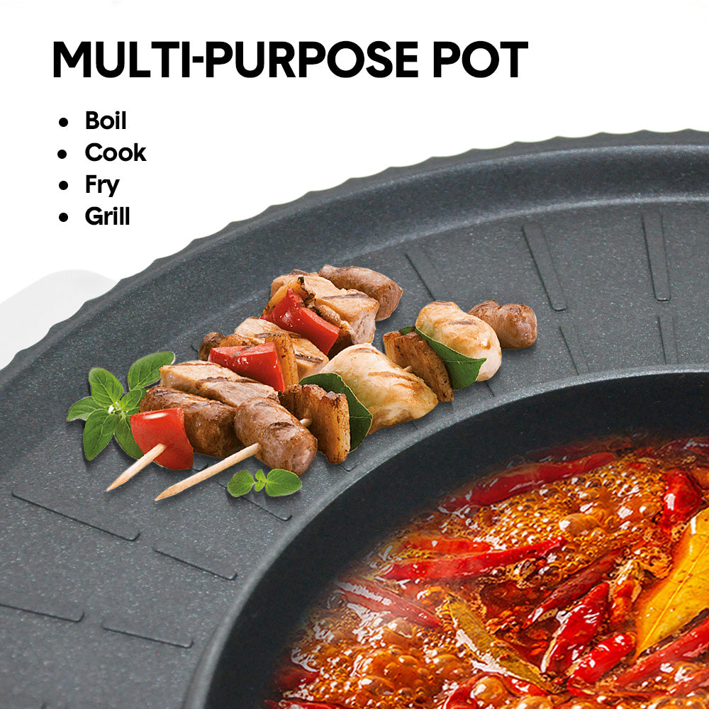 2 in 1 Electric Hot Pot White with Grill Barbeque Cooker with Temperature Control Multi-function Smokeless Shabu Korean BBQ Pan for Simmer Boil Fry Roast 2200W