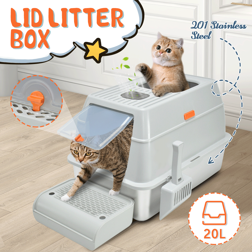 20L Large Anti-Leak Enclosed Cat Litter Box Stainless Steel Detachable Kitty Litter Tray with ABS Lid High Sides Scoop and Ramp Easy Cleaning Light Grey