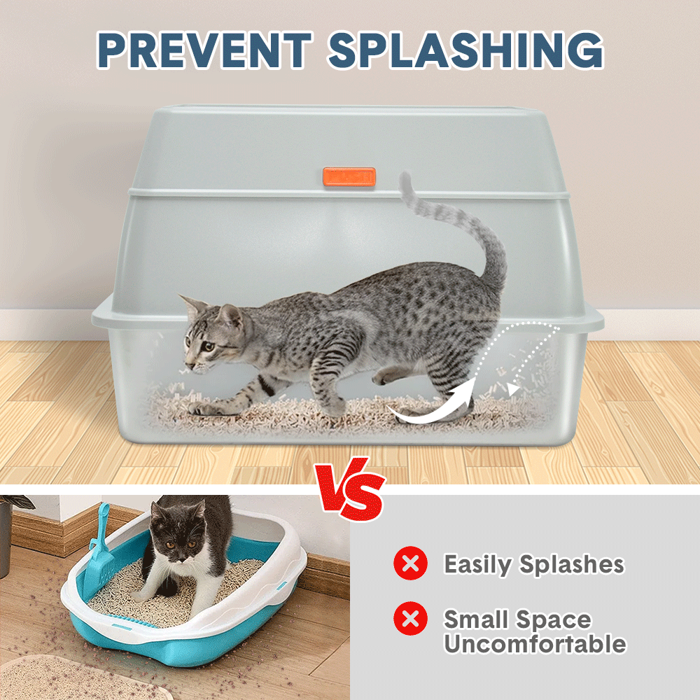 20L Large Anti-Leak Enclosed Cat Litter Box Stainless Steel Detachable Kitty Litter Tray with ABS Lid High Sides Scoop and Ramp Easy Cleaning Light Grey