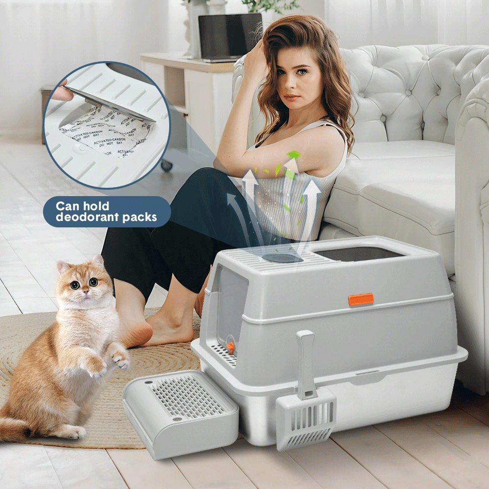 20L Large Anti-Leak Enclosed Cat Litter Box Stainless Steel Detachable Kitty Litter Tray with ABS Lid High Sides Scoop and Ramp Easy Cleaning Light Grey