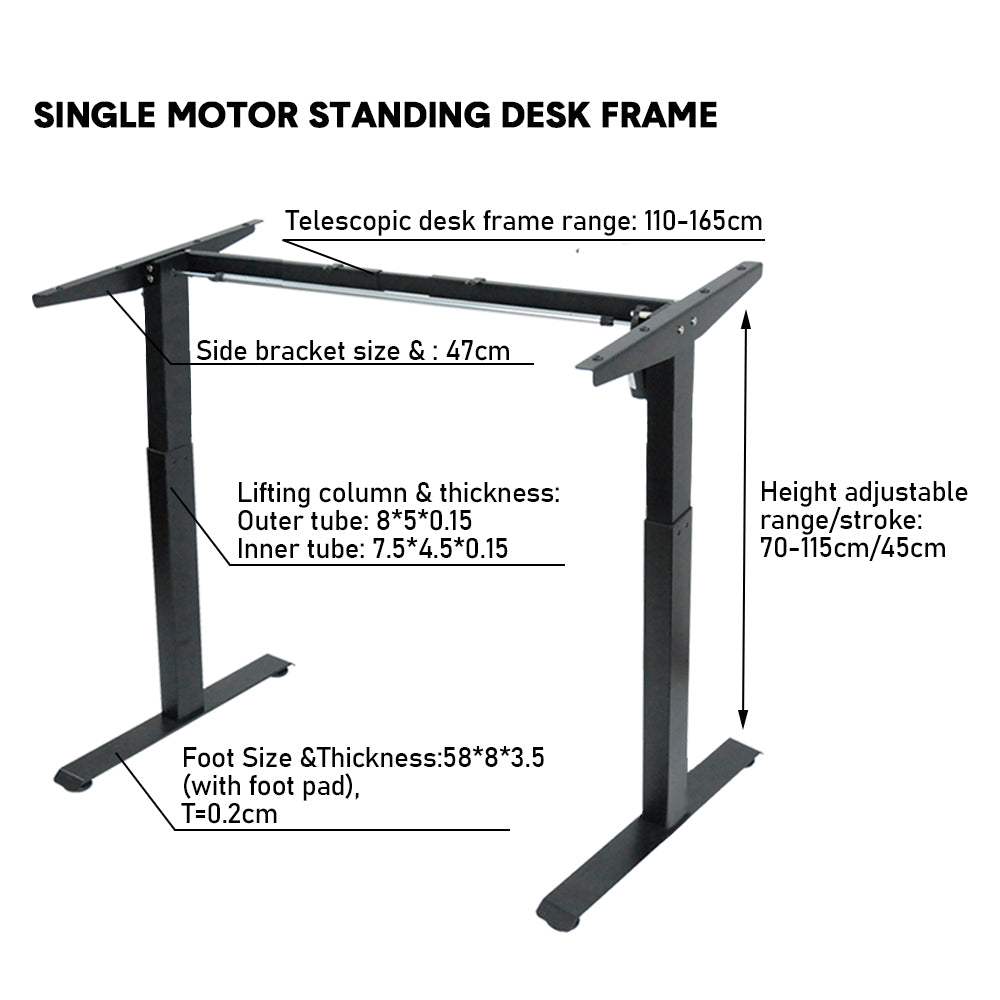 Single Motor Desk Frame Base Height Adjustable 70 to 115cm Desk Legs Lift Stand Table Fit Tabletop 120 to 180cm for Home Office Desk Black