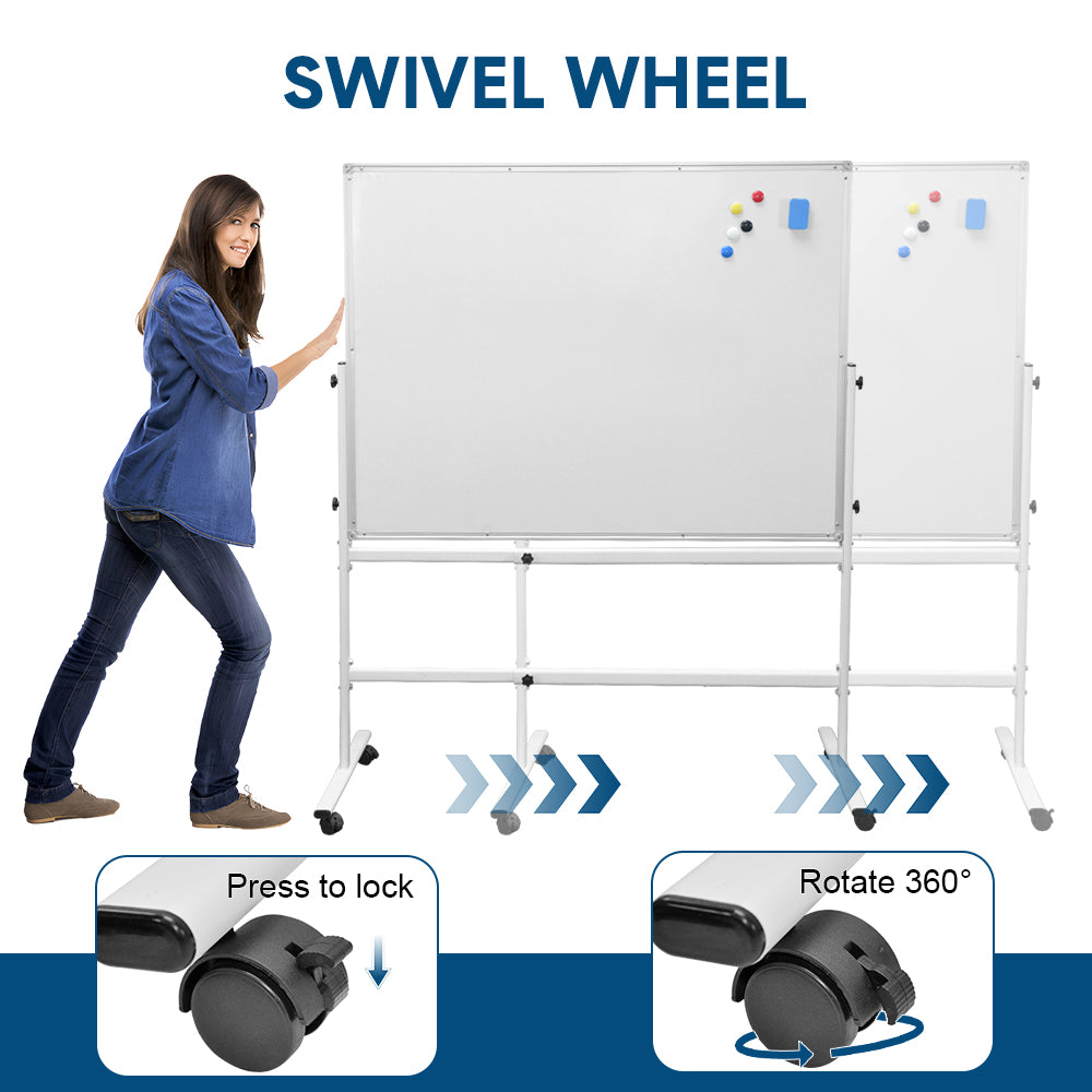 Mobile Whiteboard Portable Rolling Magnetic Whiteboard Height Adjustable Panel Rotatable with Magnetic Eraser and 2 Sets Marker for Office Classroom Home