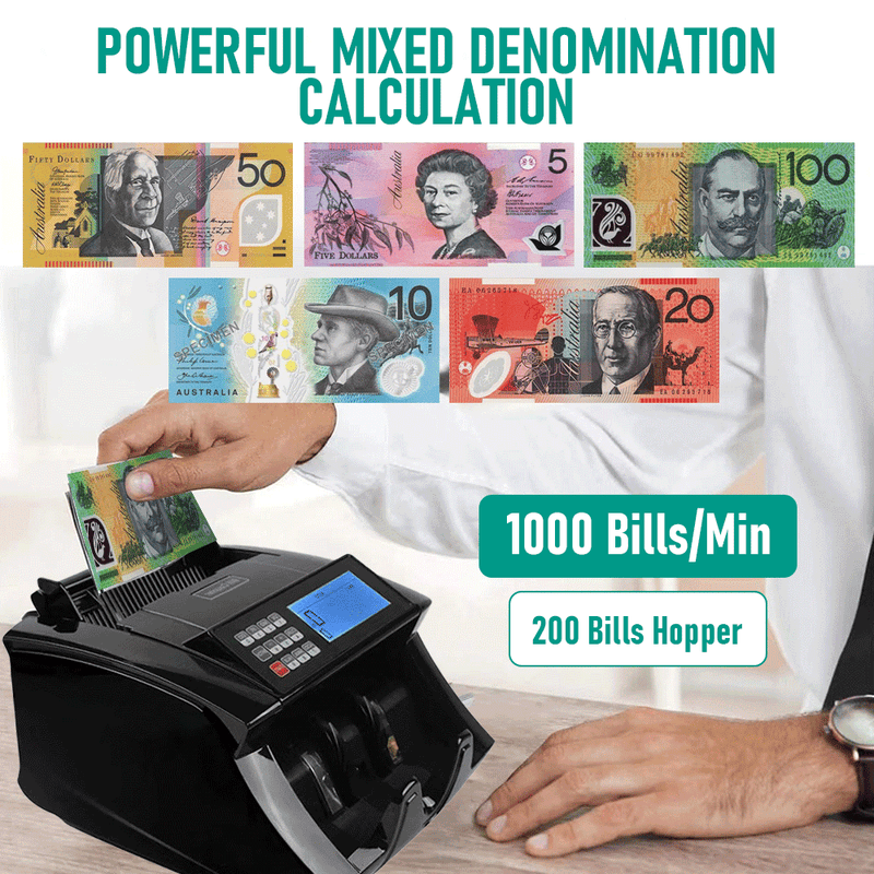 Automatic Money Counter Bill Counter High Speed Cash Bill Counting with UV MG IR Counterfeit Detection and Large Digital Display for Australia Banknotes